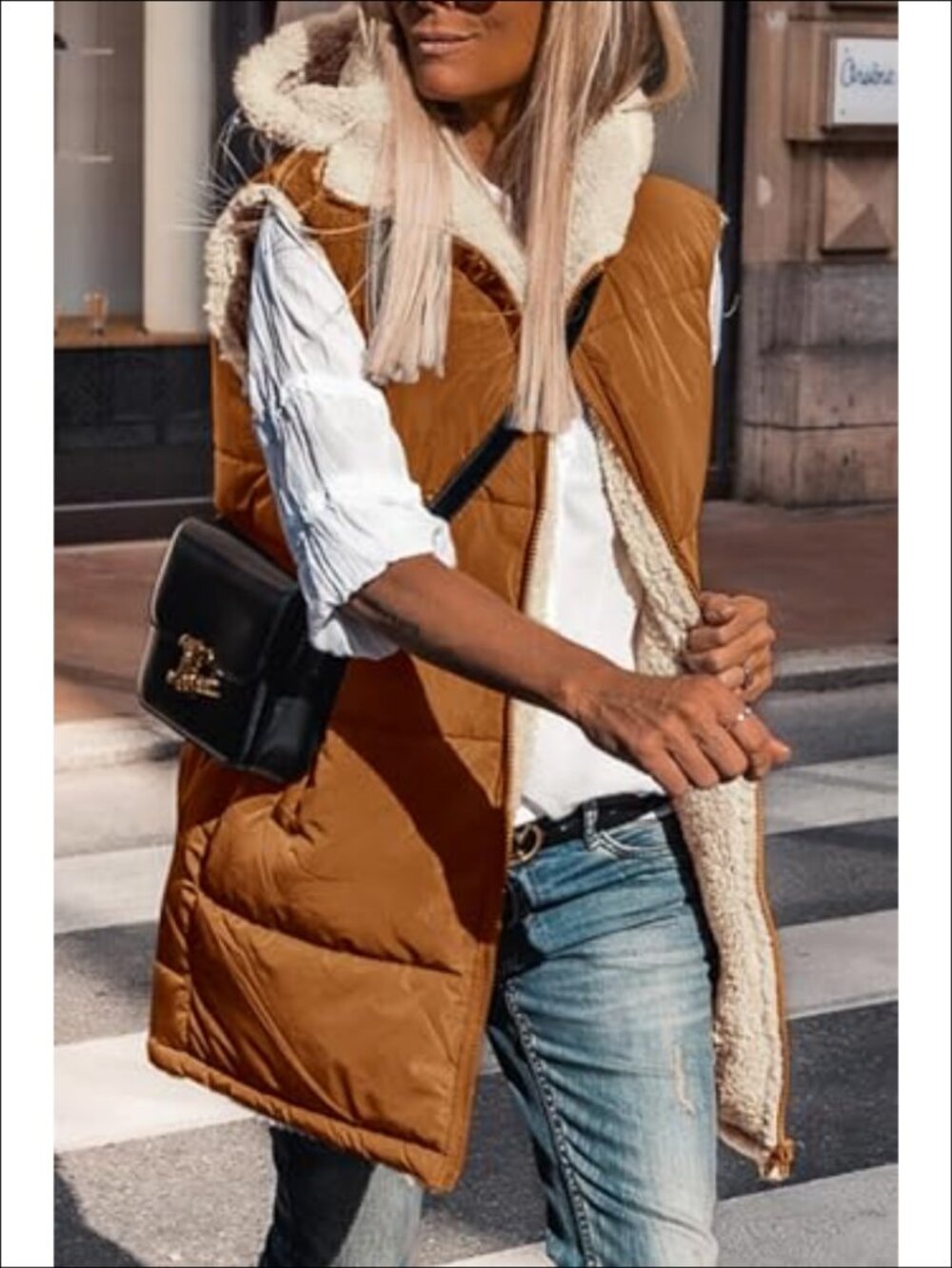 Reversible Fleece Hooded Long Vest Sleeveless Zip Up Winter Outerwear - Picture 3 of 6